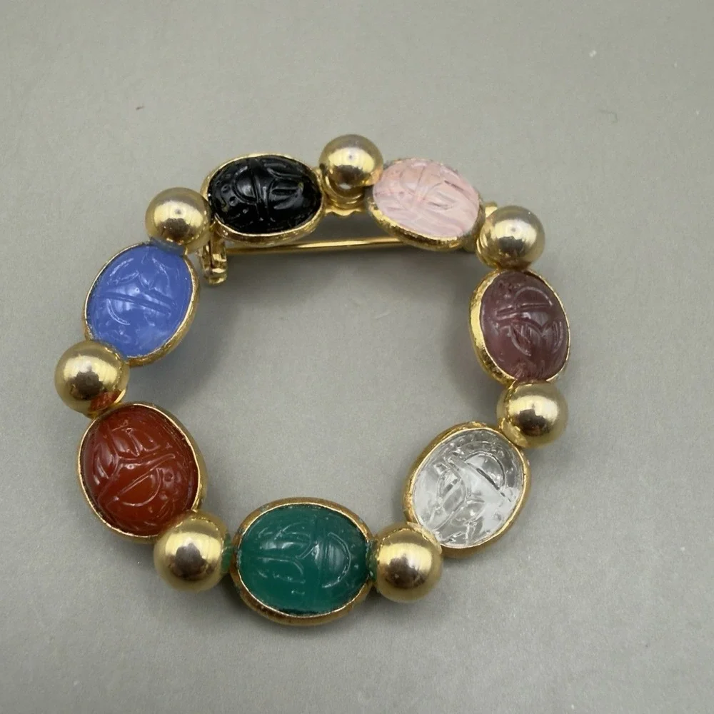 Vintage Gold Tone Scarab Circle Wreath Brooch Multicolor Carved Glass Egyptian